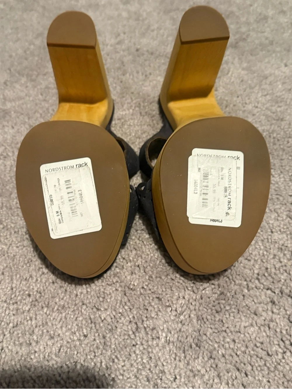 Nordstrom Dark Blue/Black Suede Laser-Cut Platform Mules with Wood Block Heel